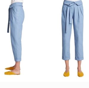 Blue Cotton Cuffed Cropped Belt Tie Pants  Sz:O/XS